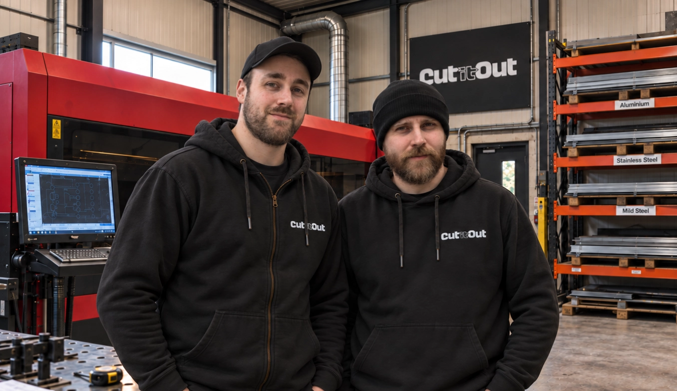 Mark and his brother in Cut It Out uniform beside the workshop laser cutting machine